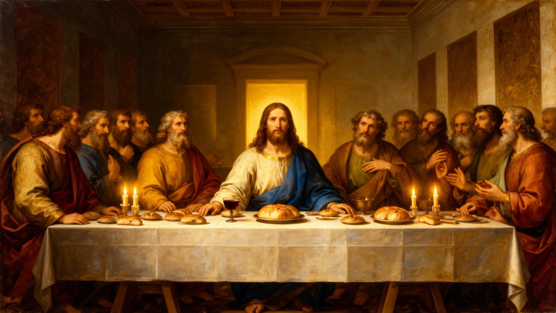 Jesus Christ at the Last Supper with His twelve apostles